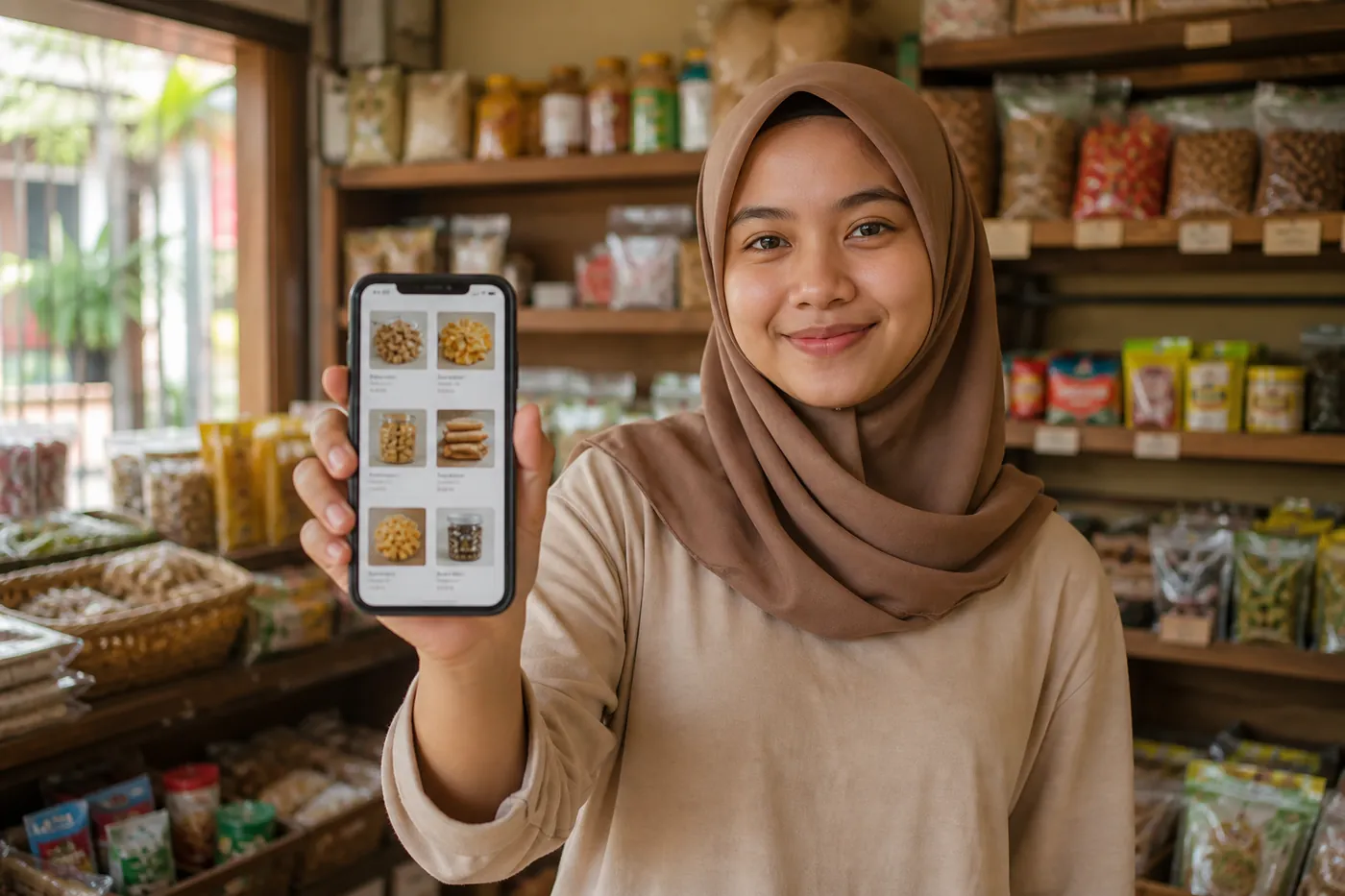 Pemilik toko memegang HP di dalam toko — Linktoko