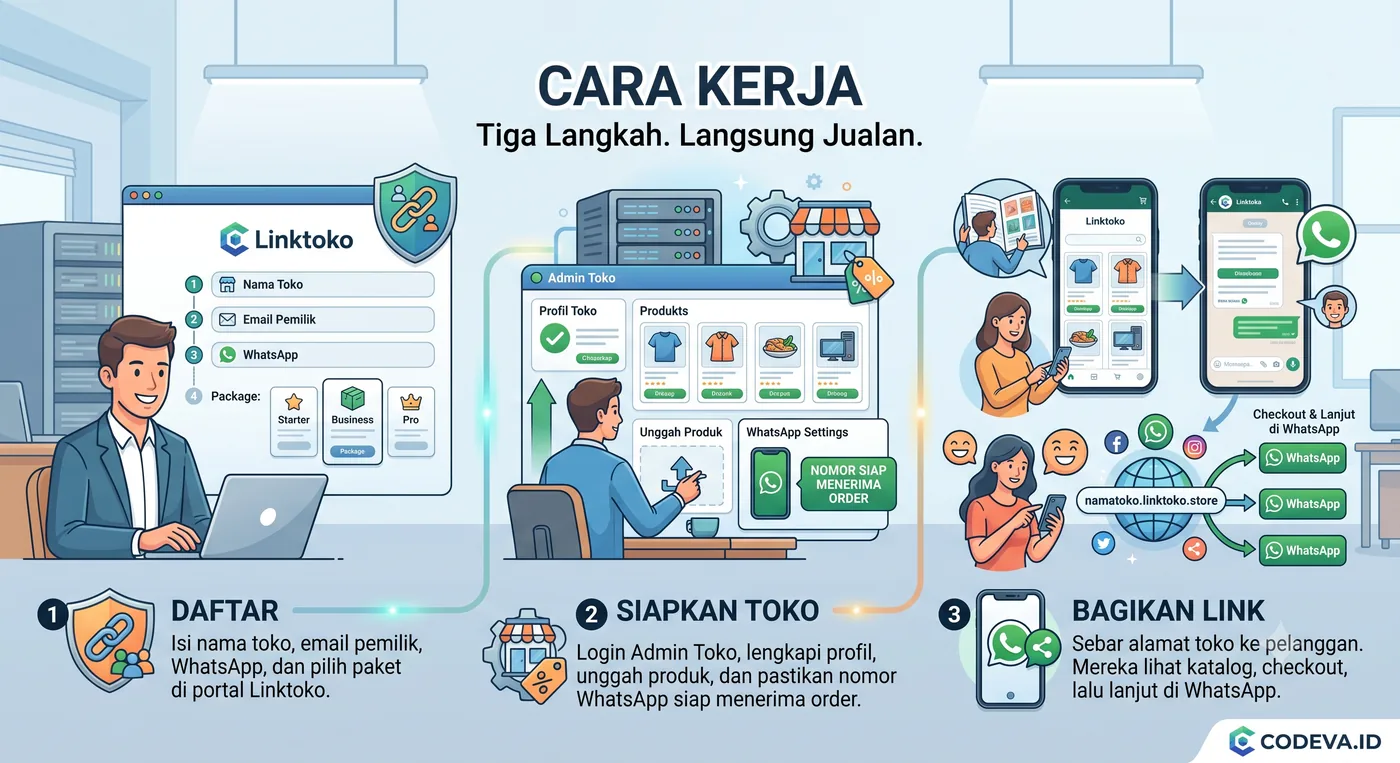 Ilustrasi cara kerja Linktoko dari daftar sampai terima order WhatsApp