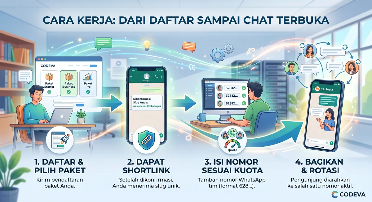 Ilustrasi cara kerja WA Rotator dari daftar sampai chat WhatsApp
